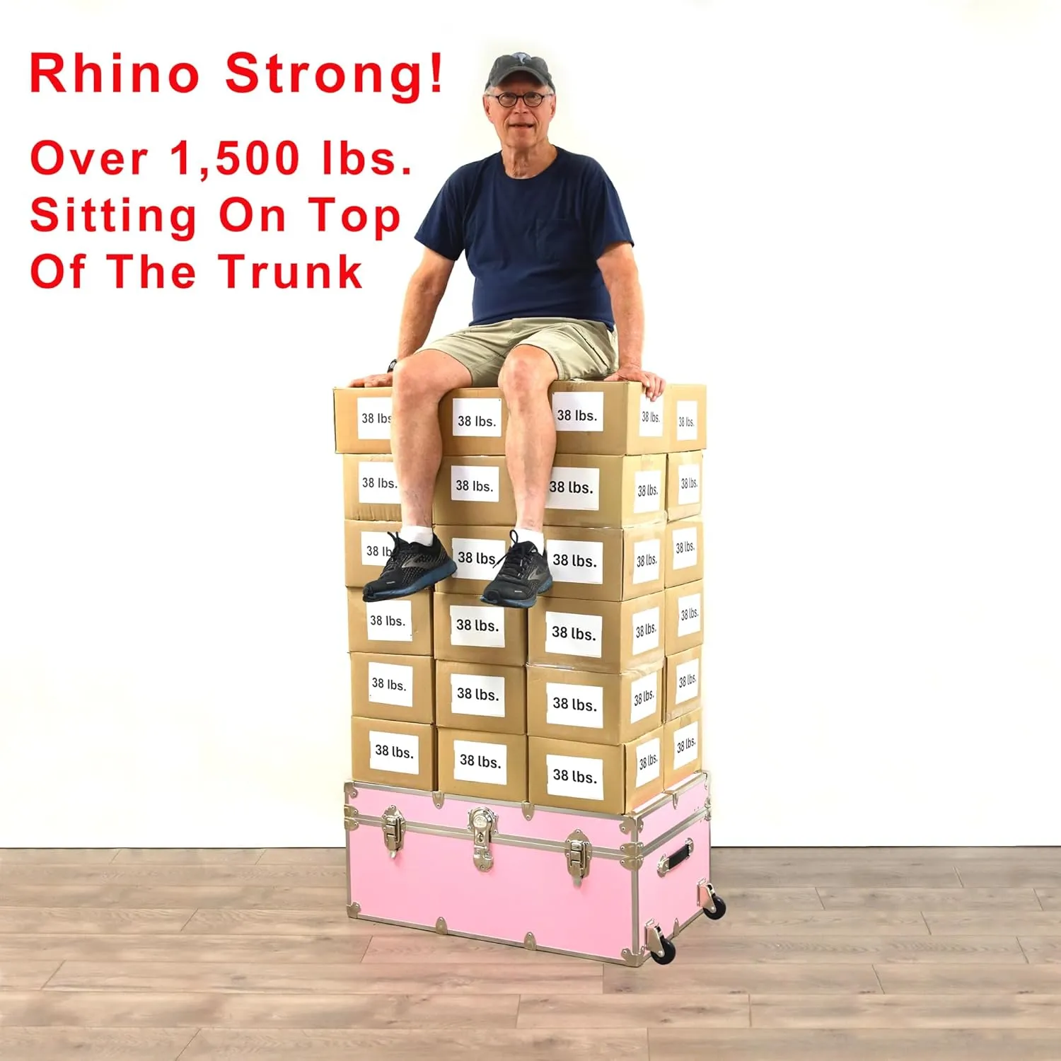 Rhino Trunk & Case Large Leather Embossed Vinyl Trunk With Removable Wheels, Summer Camp Footlocker, College Dorm Storage Chest, Sportsman Trunks - Seats 1000  lbs. On Top 32"x18"x14" (Pink)