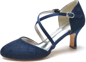 Roimaash Vintage Flower Satin Wedding Pumps Round Toe Criss Cross
