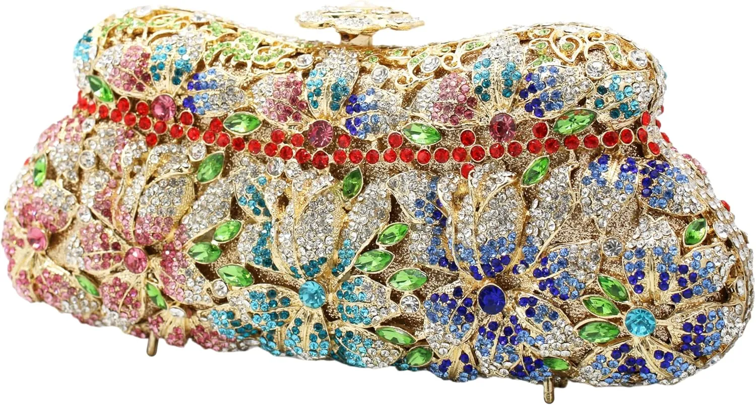 RomanticDesign Women Floral Evening Clutch Elegant Glitter Rhinestone Wedding Bridal Purse Handbag Party Prom Banquet Handbag