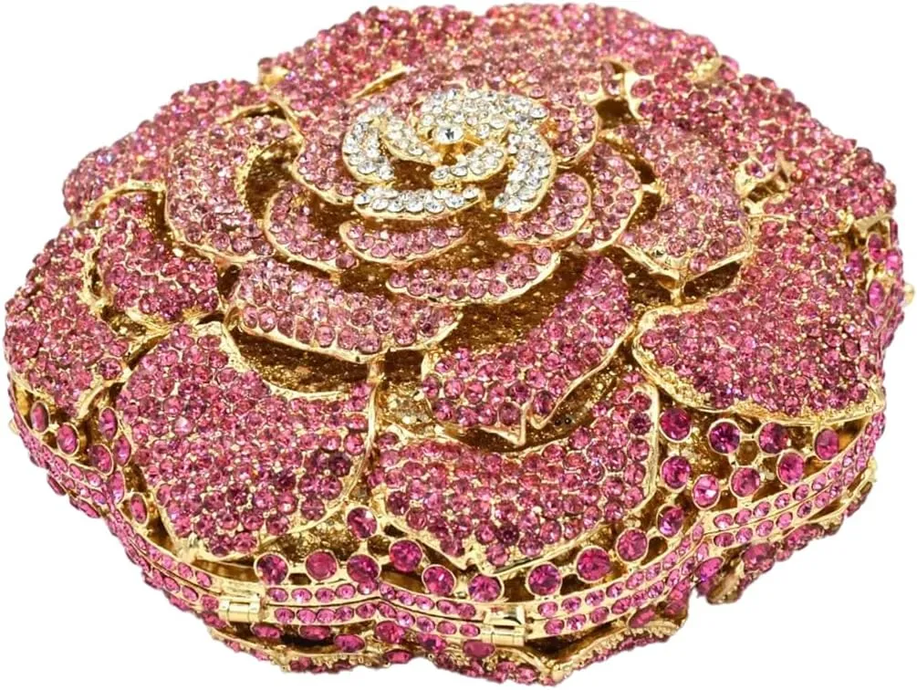 RomanticDesign Women Round Rose Flower Rhinestone Clutch Bag Elegant Crystal Bride Purse for Evening Party Prom Wedding