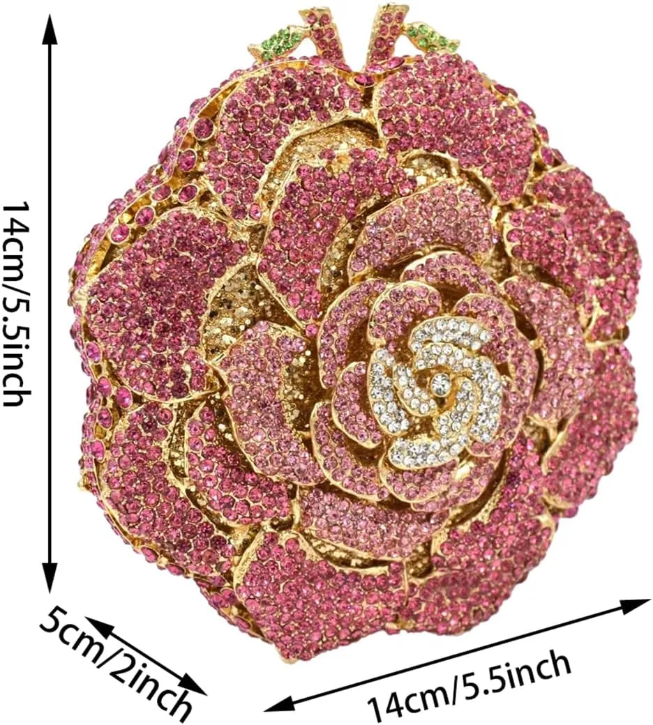 RomanticDesign Women Round Rose Flower Rhinestone Clutch Bag Elegant Crystal Bride Purse for Evening Party Prom Wedding