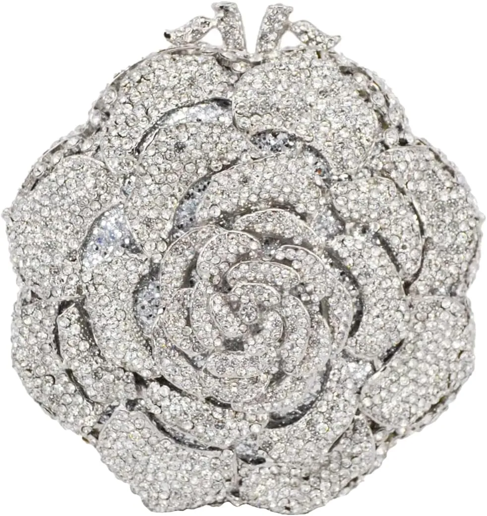 RomanticDesign Women Round Rose Flower Rhinestone Clutch Bag Elegant Crystal Bride Purse for Evening Party Prom Wedding
