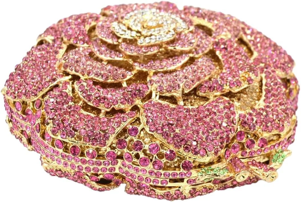 RomanticDesign Women Round Rose Flower Rhinestone Clutch Bag Elegant Crystal Bride Purse for Evening Party Prom Wedding