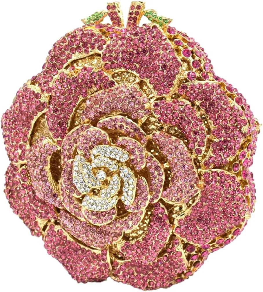 RomanticDesign Women Round Rose Flower Rhinestone Clutch Bag Elegant Crystal Bride Purse for Evening Party Prom Wedding
