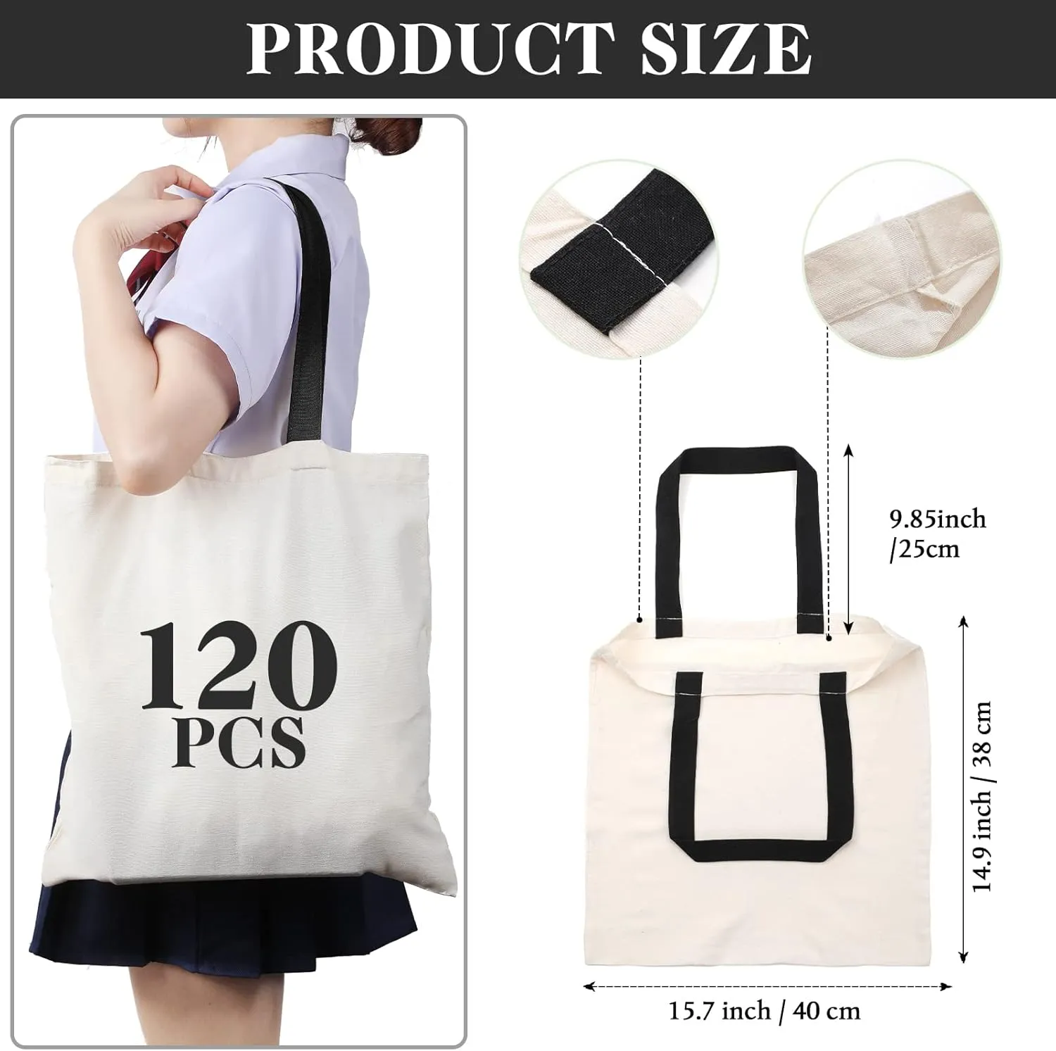 Roowest 120 Pieces Cotton Tote Bag Bulk 15 x 16 Inch Blank Shopping Cloth Bags Reusable with Long Handle for Women Men DIY(Beige, Black)