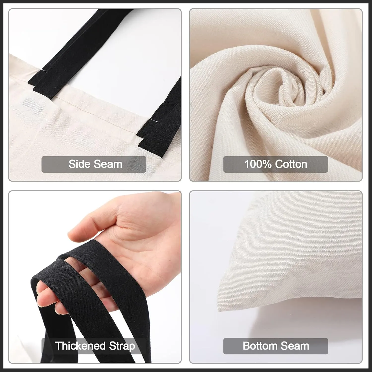 Roowest 120 Pieces Cotton Tote Bag Bulk 15 x 16 Inch Blank Shopping Cloth Bags Reusable with Long Handle for Women Men DIY(Beige, Black)