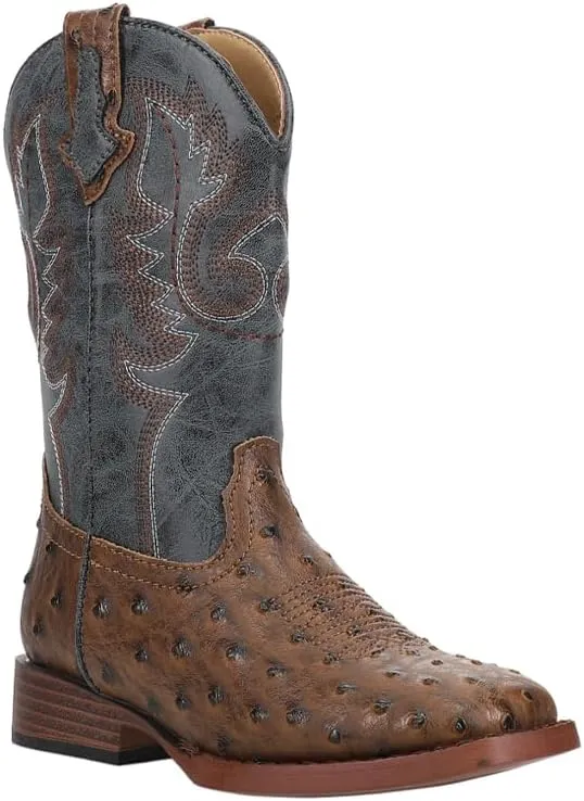 ROPER Kids Boys Bumps Ostrich Print Embroidered Square Toe Pull On Casual Boots Mid Calf - Brown