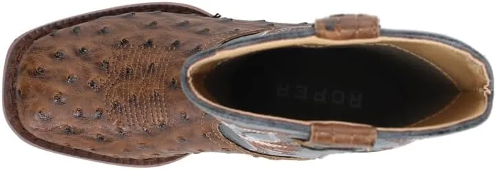 ROPER Kids Boys Bumps Ostrich Print Embroidered Square Toe Pull On Casual Boots Mid Calf - Brown