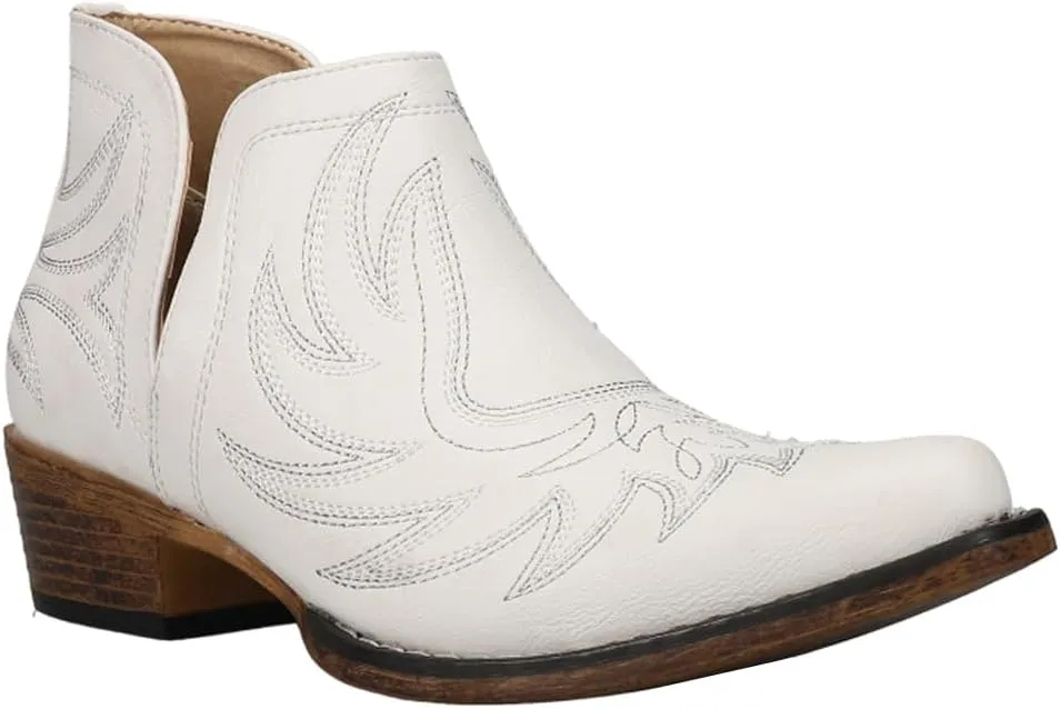 ROPER Womens Ava Embroidered Snip Toe Casual Boots Ankle Low Heel 1-2" - White