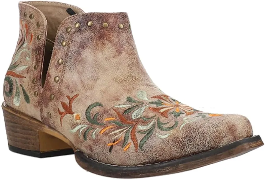 ROPER Womens Ava Floral Embroidered Snip Toe Casual Boots Ankle Low Heel 1-2" - Brown