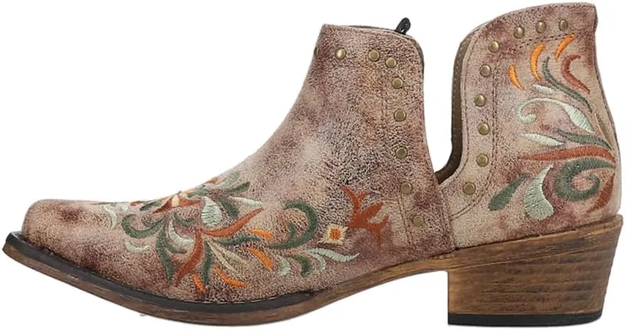 ROPER Womens Ava Floral Embroidered Snip Toe Casual Boots Ankle Low Heel 1-2" - Brown
