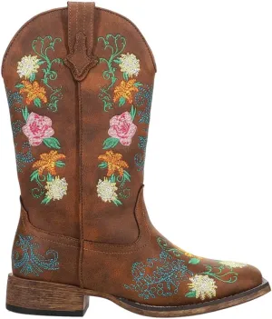 ROPER Womens Bailey Floral Embroidered Square Toe Casual Boots Mid Calf Low Heel 1-2" - Brown