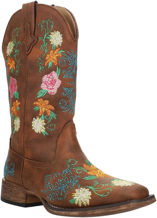 ROPER Womens Bailey Floral Embroidered Square Toe Casual Boots Mid Calf Low Heel 1-2" - Brown