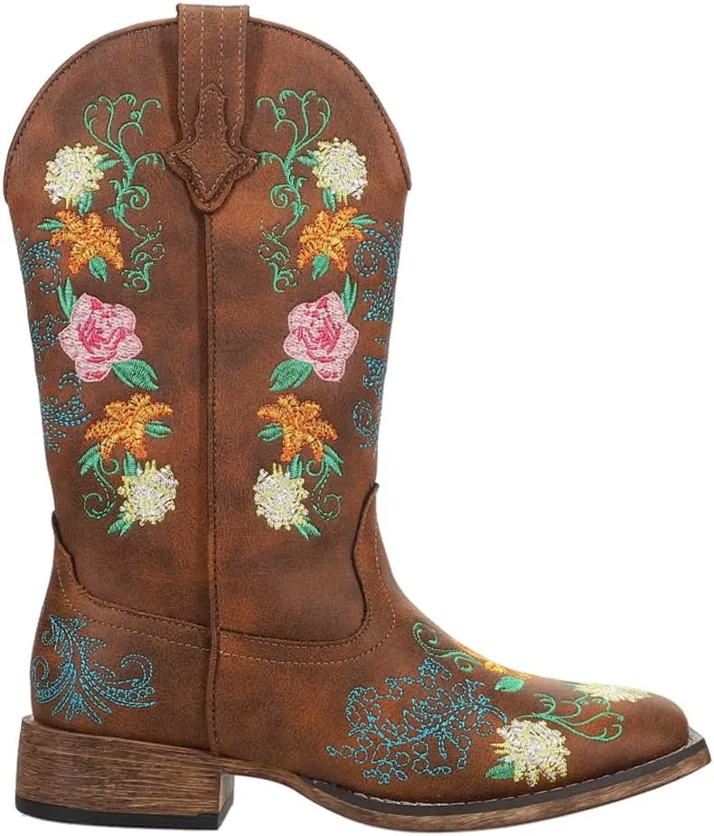 ROPER Womens Bailey Floral Embroidered Square Toe Casual Boots Mid Calf Low Heel 1-2" - Brown