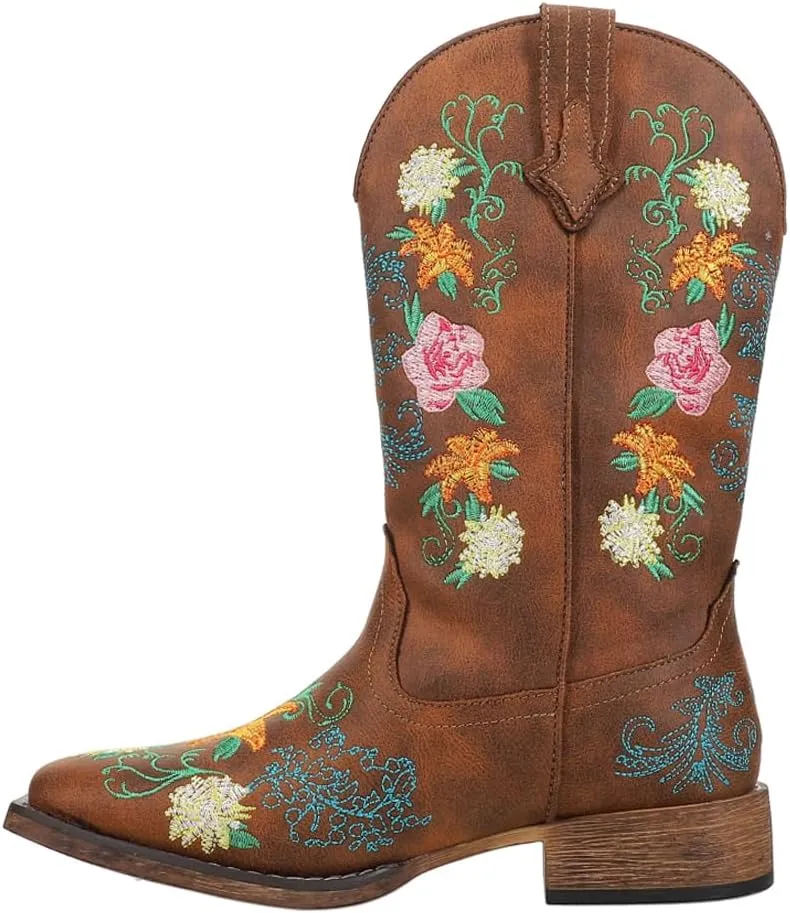 ROPER Womens Bailey Floral Embroidered Square Toe Casual Boots Mid Calf Low Heel 1-2" - Brown