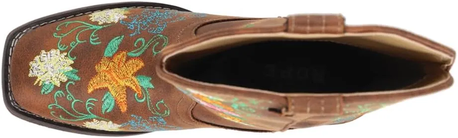 ROPER Womens Bailey Floral Embroidered Square Toe Casual Boots Mid Calf Low Heel 1-2" - Brown