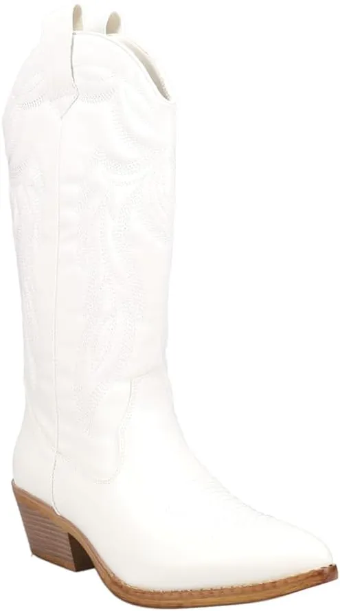 ROPER Womens Hattie Narrow Embroidered Pointed Toe Pull On Casual Boots Mid Calf Mid Heel 2-3" - White