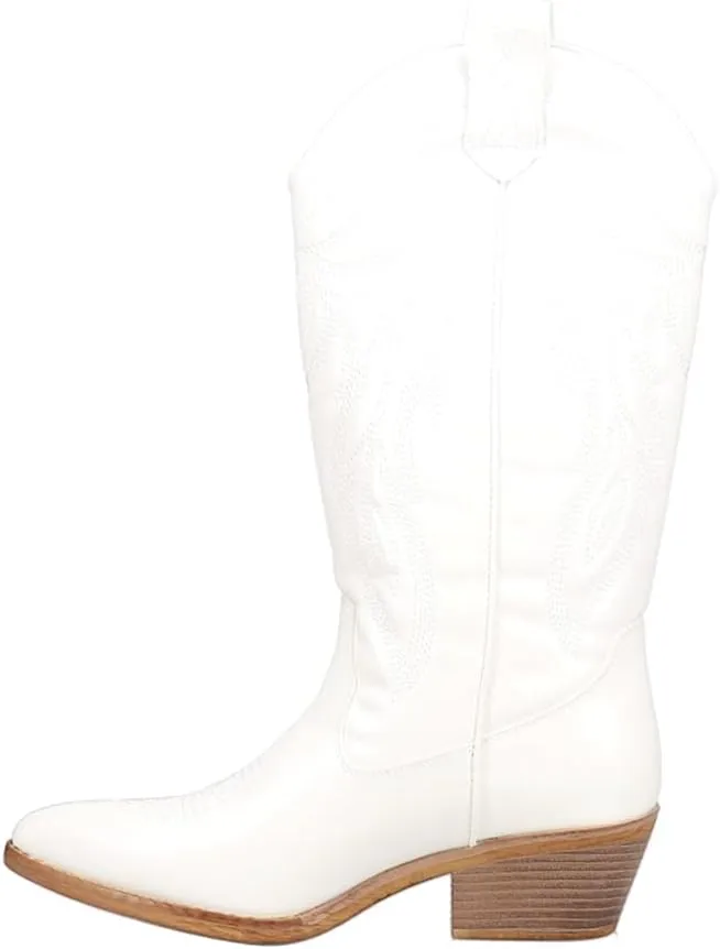 ROPER Womens Hattie Narrow Embroidered Pointed Toe Pull On Casual Boots Mid Calf Mid Heel 2-3" - White