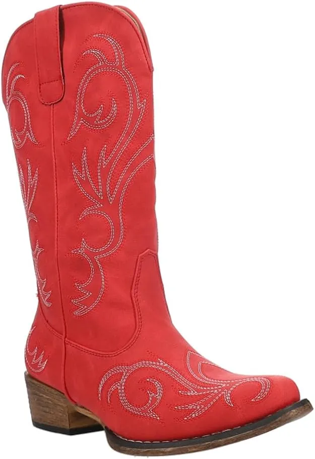 ROPER Womens Riley Embroidered Snip Toe Casual Boots Mid Calf Mid Heel 2-3" - Brown