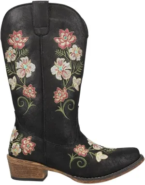 ROPER Womens Riley Floral Snip Toe Pull On Casual Boots Mid Calf Low Heel 1-2" - Black