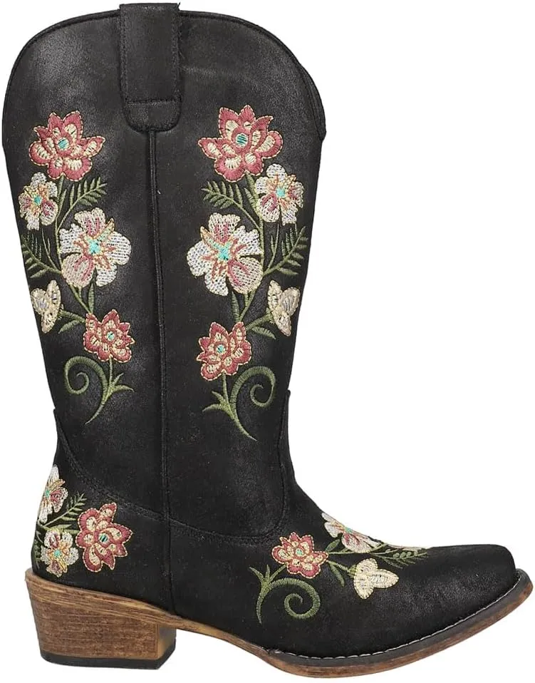 ROPER Womens Riley Floral Snip Toe Pull On Casual Boots Mid Calf Low Heel 1-2" - Black