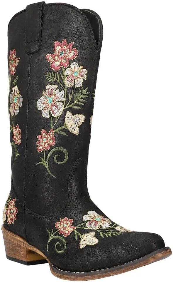 ROPER Womens Riley Floral Snip Toe Pull On Casual Boots Mid Calf Low Heel 1-2" - Black