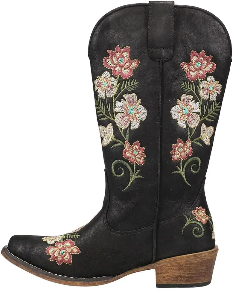 ROPER Womens Riley Floral Snip Toe Pull On Casual Boots Mid Calf Low Heel 1-2" - Black
