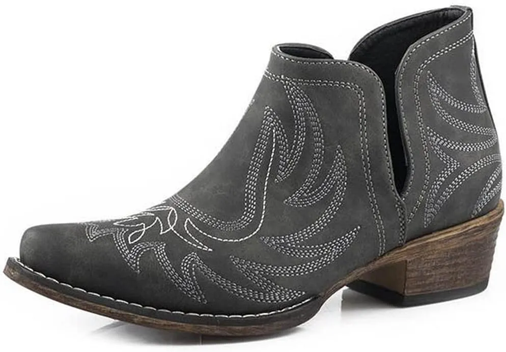 ROPER Womens Riley Shorty Embroidered Snip Toe Casual Boots Ankle Low Heel 1-2" - Black