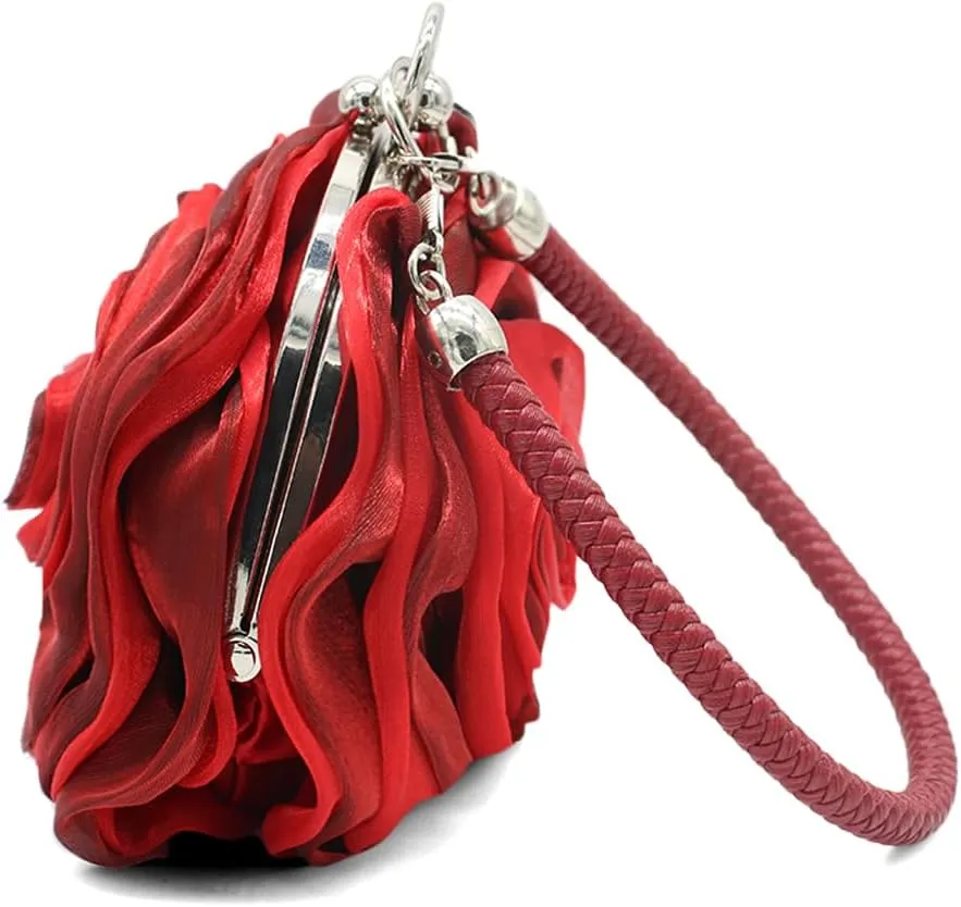 Rose Shaped Evening Bag Soft Satin Clutch Purse Floral Wristlet Handbag for Women Wedding Party Purse