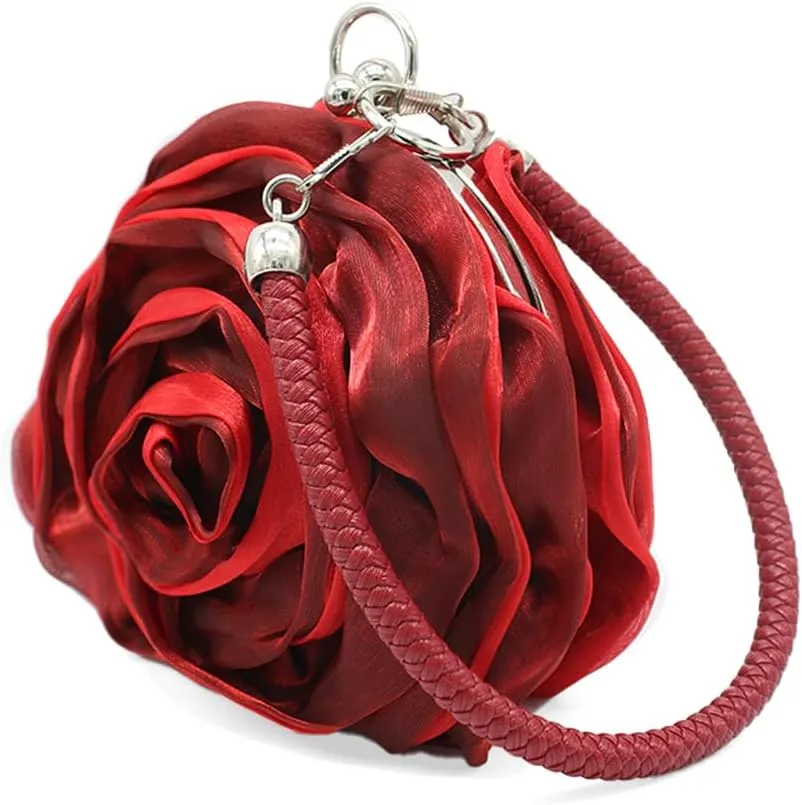 Rose Shaped Evening Bag Soft Satin Clutch Purse Floral Wristlet Handbag for Women Wedding Party Purse