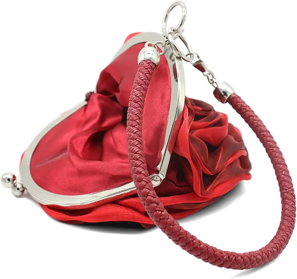 Rose Shaped Evening Bag Soft Satin Clutch Purse Floral Wristlet Handbag for Women Wedding Party Purse