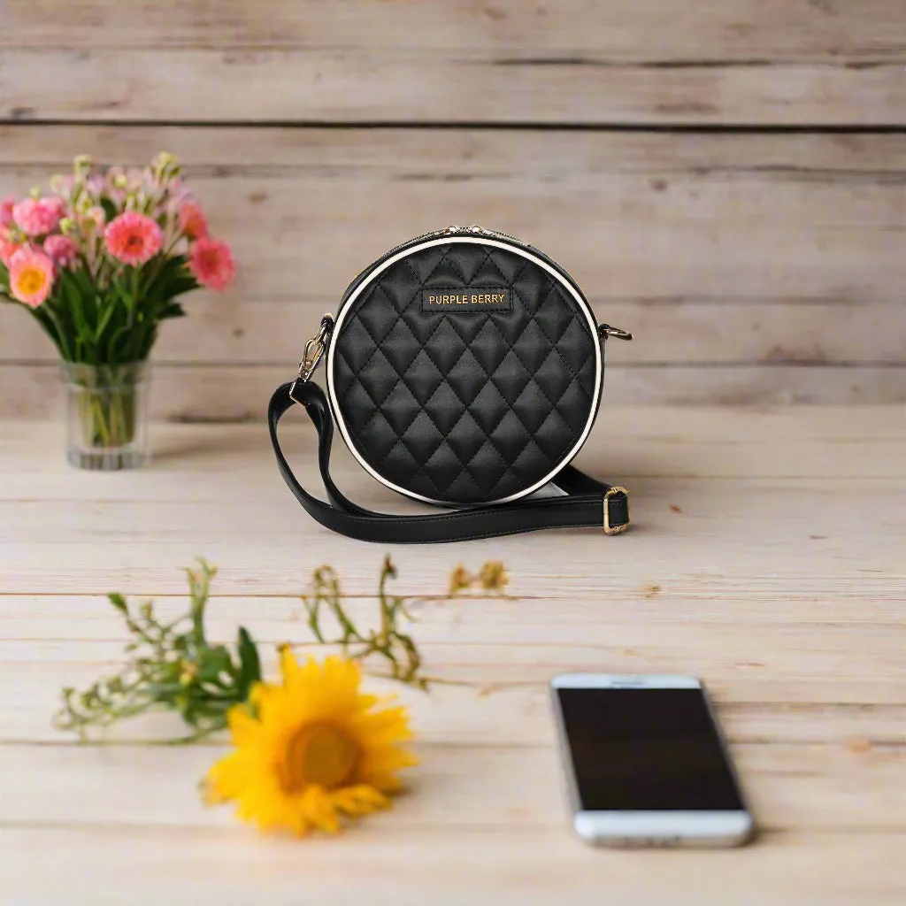 Round Diamond Pattern Sling bag | Crossbody Bag - Black