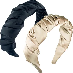 Ruched Satin Headband,Ruffled Wide Headband, Fashion Folds Satin Turban Headbands Headwear Barrette Styling Tools Accessories for Girls and Women 2PCs Champagne Black