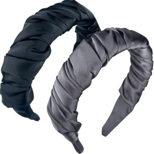 Ruched Satin Headband,Ruffled Wide Headband, Fashion Folds Satin Turban Headbands Headwear Barrette Styling Tools Accessories for Girls and Women 2PCs Grey Black