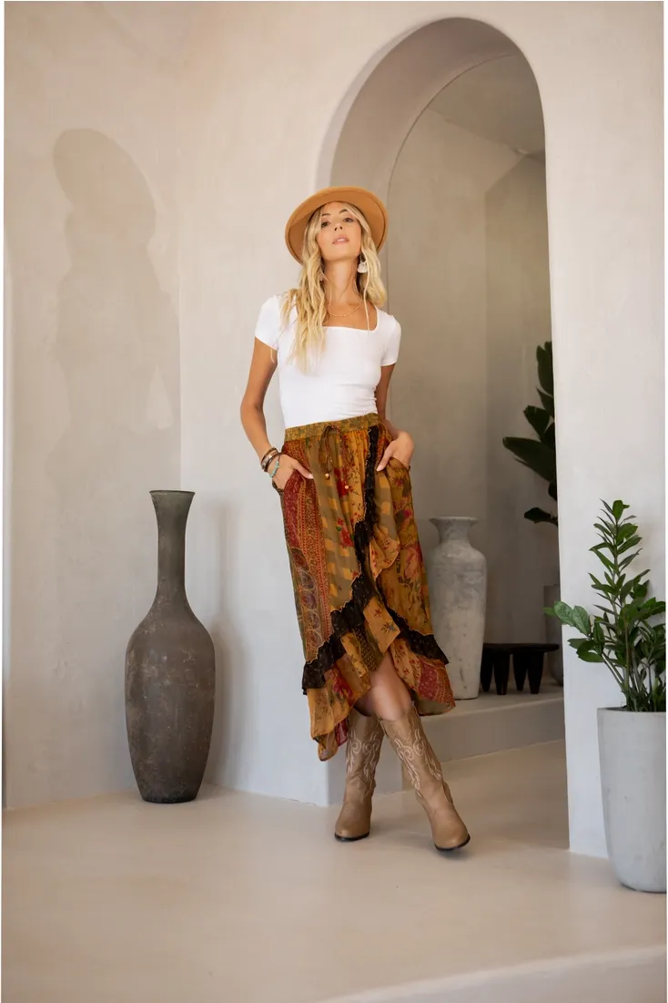 Ruffle Faux Wrap Midi Skirt