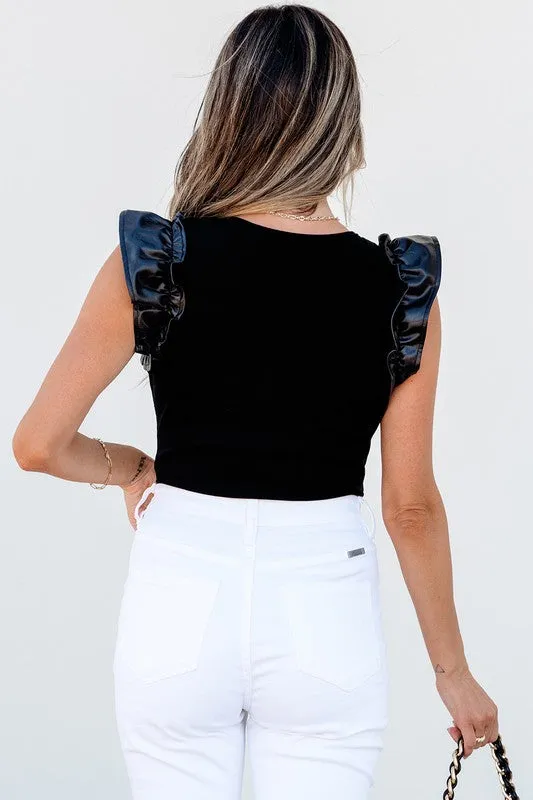 Ruffle Patchwork Ribbed V Neck Bodysuit