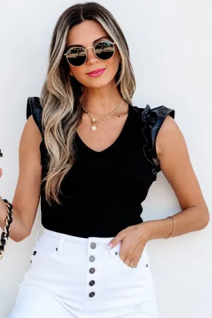 Ruffle Patchwork Ribbed V Neck Bodysuit