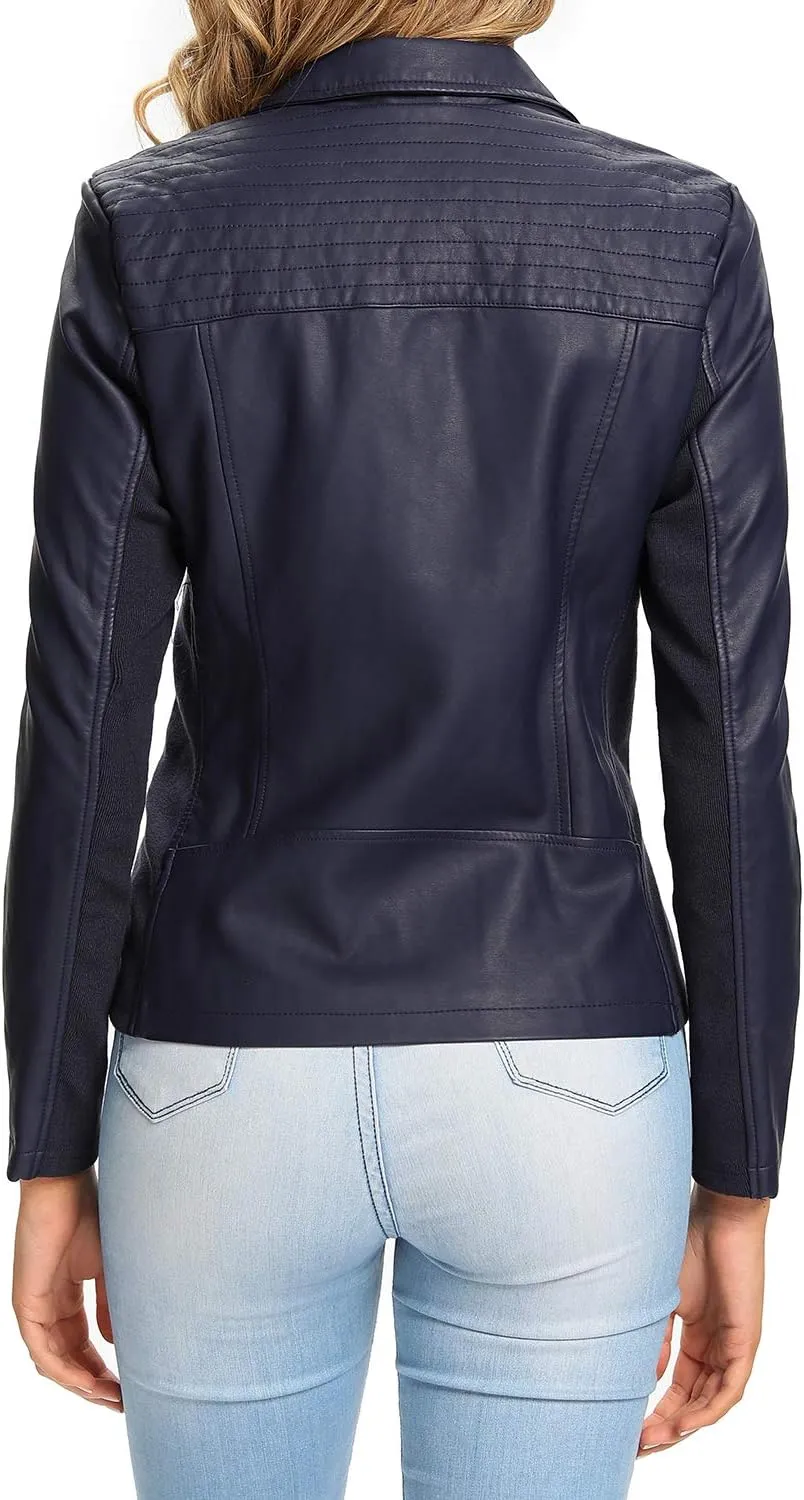 S P Y M Womens Faux Leather Jacket, Casual Fashion Quilted Zip Up Suede Coat With Elastic Rib