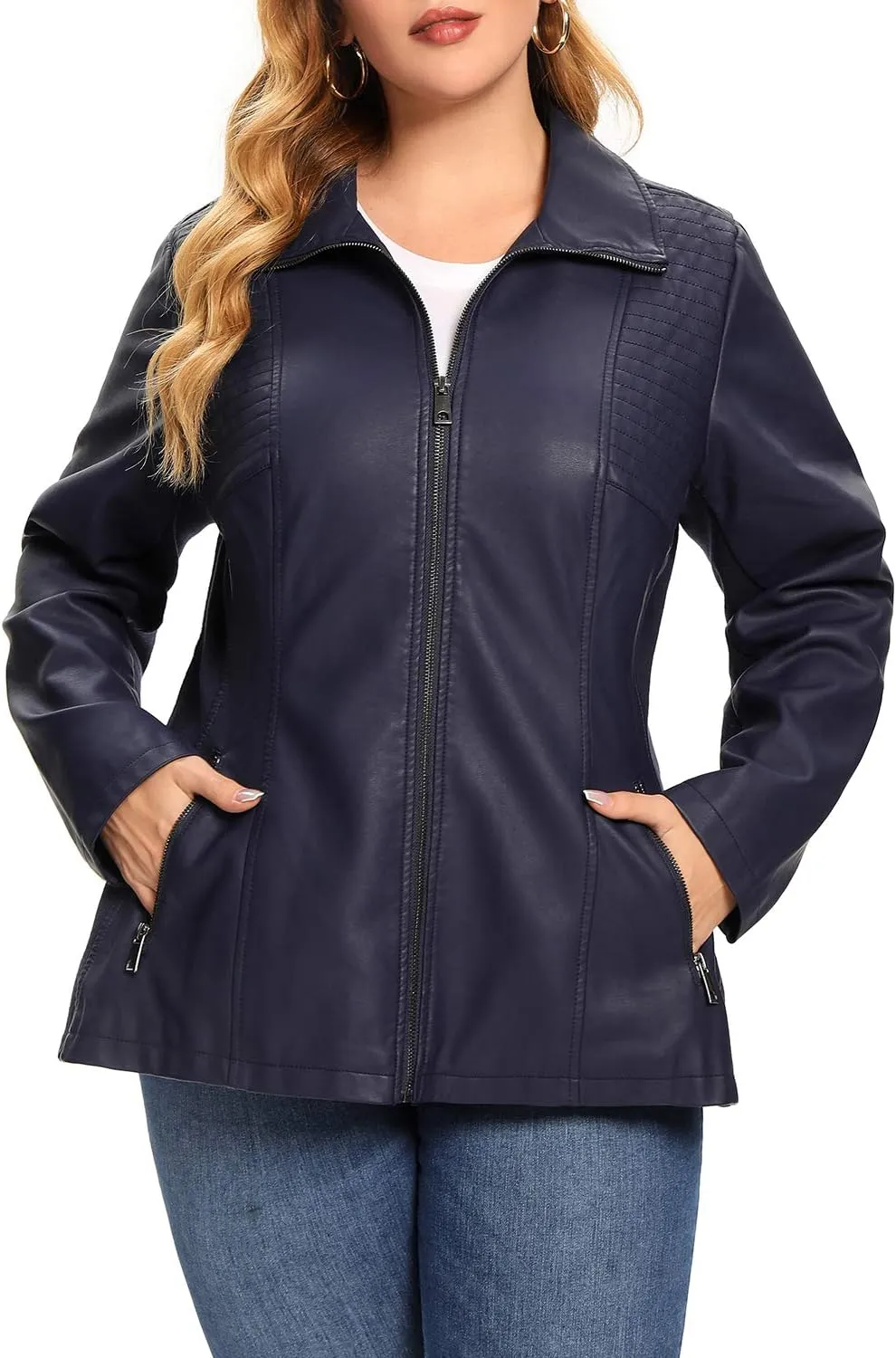 S P Y M Womens Faux Leather Jacket, Casual Fashion Quilted Zip Up Suede Coat With Elastic Rib