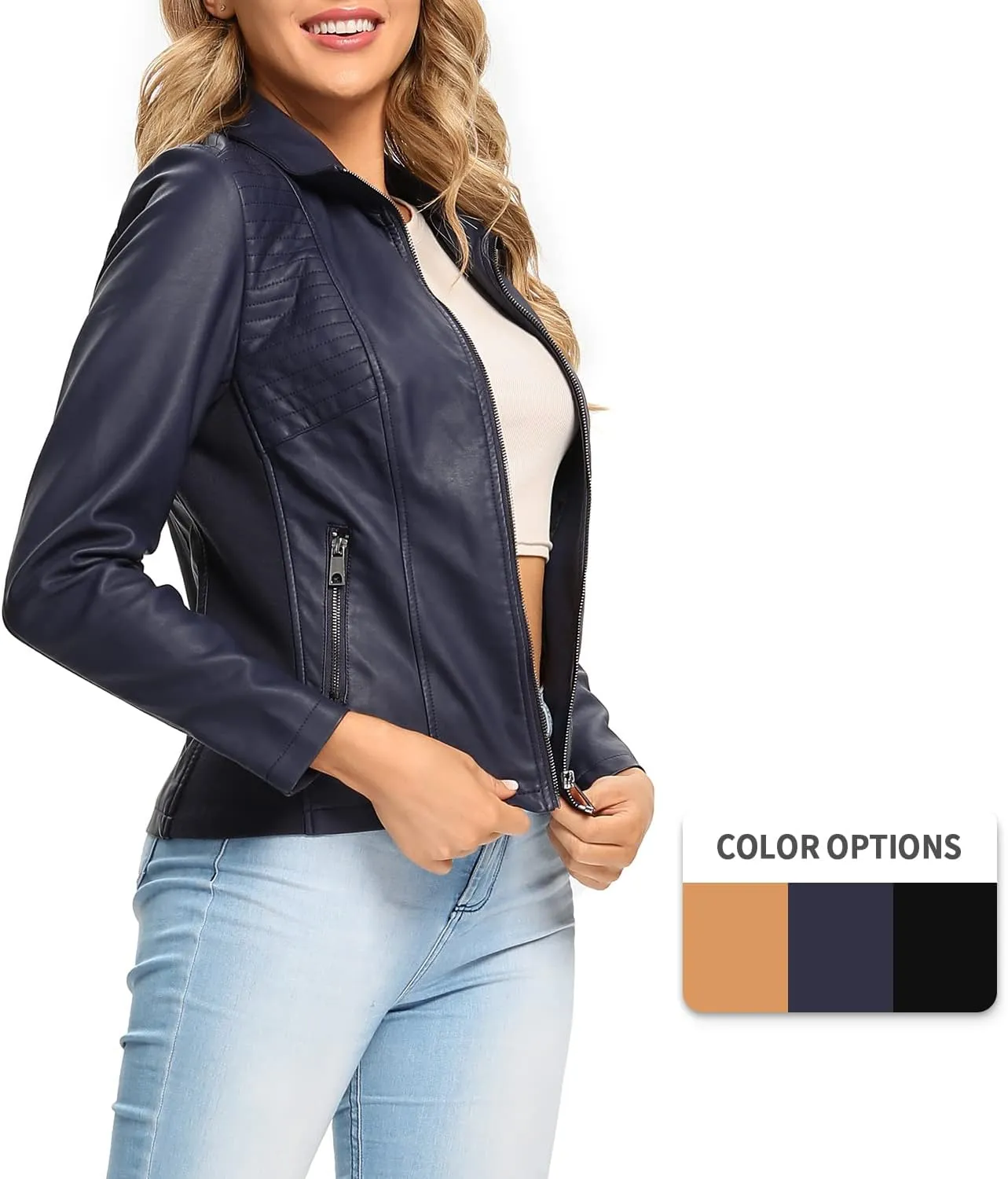S P Y M Womens Faux Leather Jacket, Casual Fashion Quilted Zip Up Suede Coat With Elastic Rib