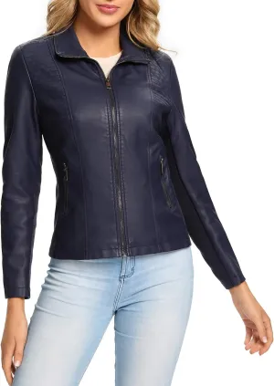 S P Y M Womens Faux Leather Jacket, Casual Fashion Quilted Zip Up Suede Coat With Elastic Rib