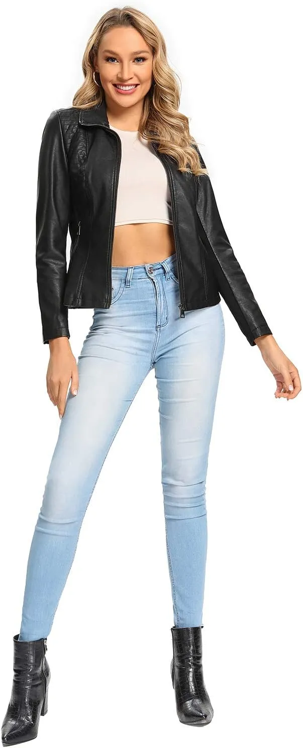 S P Y M Womens Faux Leather Jacket, Casual Fashion Quilted Zip Up Suede Coat With Elastic Rib