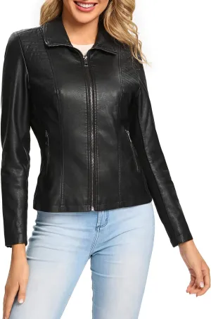 S P Y M Womens Faux Leather Jacket, Casual Fashion Quilted Zip Up Suede Coat With Elastic Rib