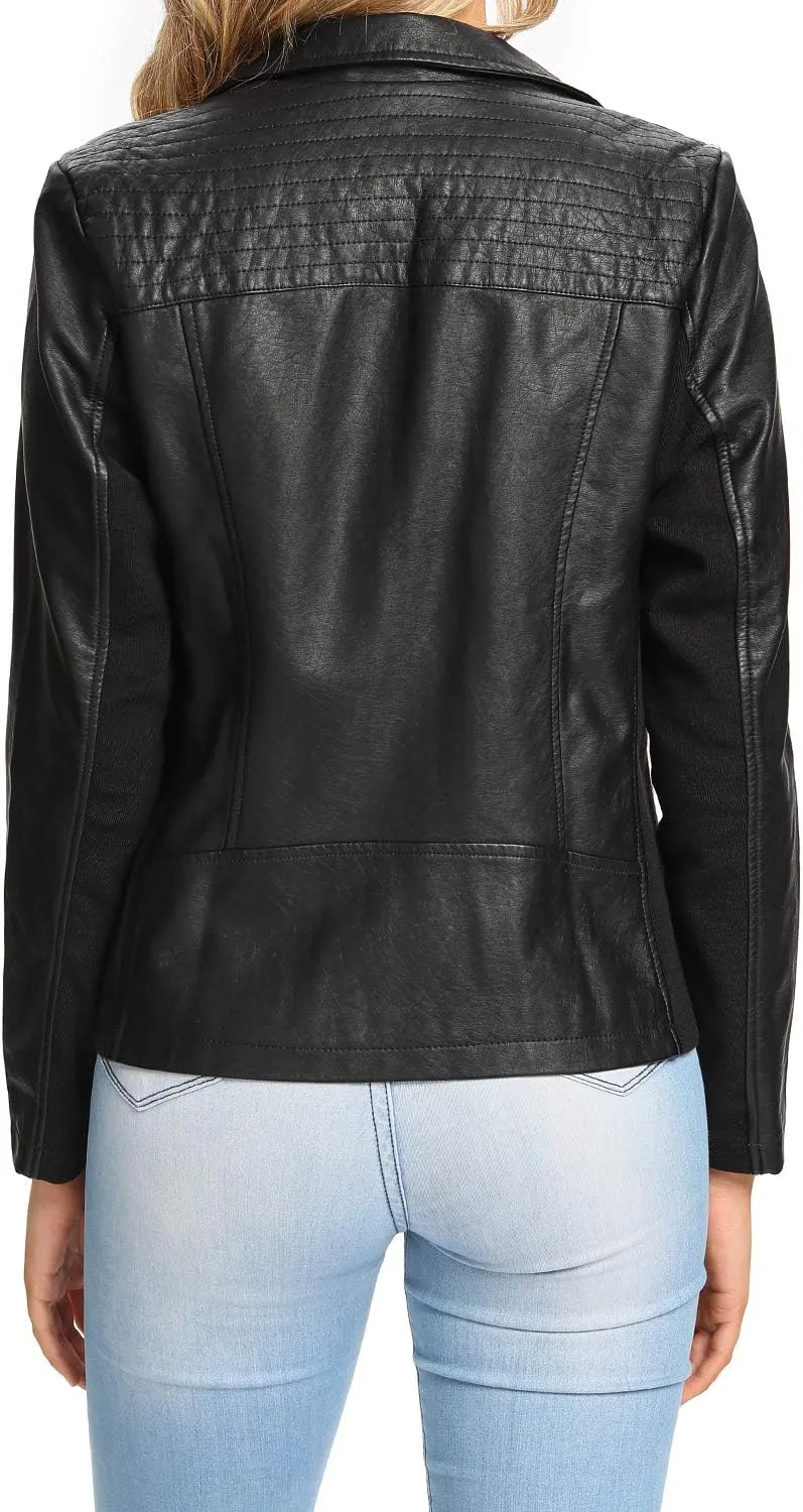 S P Y M Womens Faux Leather Jacket, Casual Fashion Quilted Zip Up Suede Coat With Elastic Rib