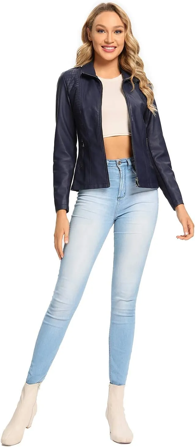 S P Y M Womens Faux Leather Jacket, Casual Fashion Quilted Zip Up Suede Coat With Elastic Rib