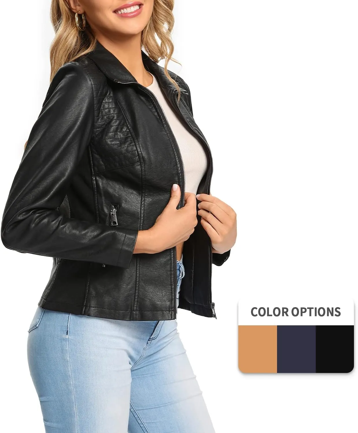 S P Y M Womens Faux Leather Jacket, Casual Fashion Quilted Zip Up Suede Coat With Elastic Rib