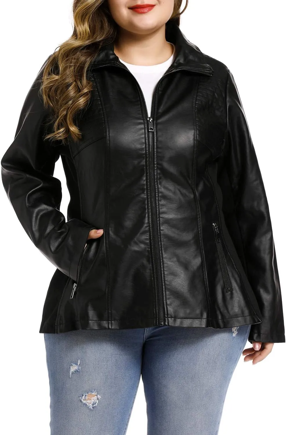 S P Y M Womens Faux Leather Jacket, Casual Fashion Quilted Zip Up Suede Coat With Elastic Rib