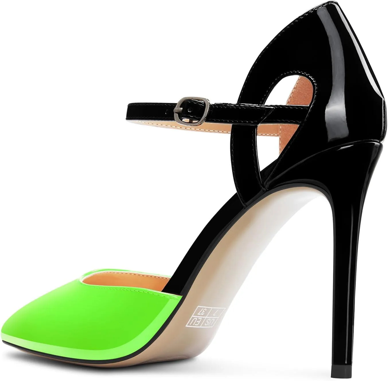 Saekcted Womens Stiletto High Heel Pointed Toe Pumps Ankle Strap Patchwork Party Cute Patent Leather 3.9 Inches Heels