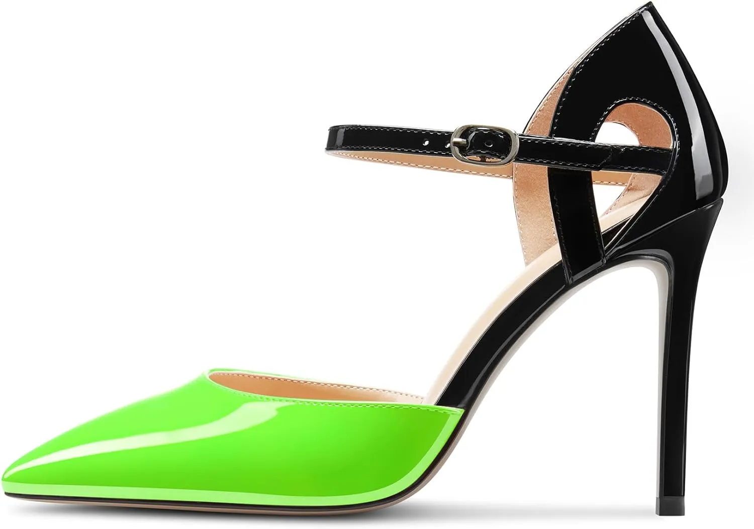 Saekcted Womens Stiletto High Heel Pointed Toe Pumps Ankle Strap Patchwork Party Cute Patent Leather 3.9 Inches Heels
