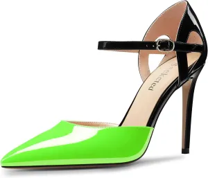 Saekcted Womens Stiletto High Heel Pointed Toe Pumps Ankle Strap Patchwork Party Cute Patent Leather 3.9 Inches Heels